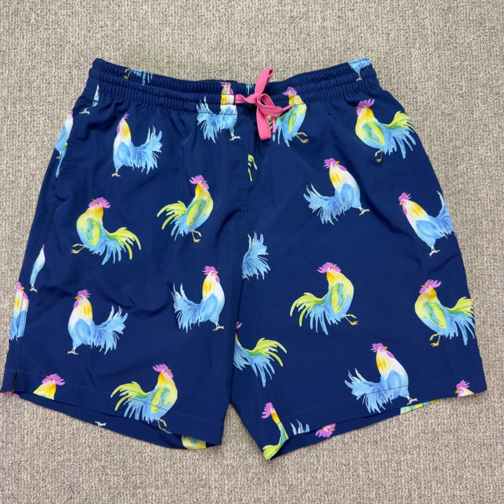 Chubbies Men Large Blue Rooster Print Swim Trunks 7 Inch Inseam Board Shorts